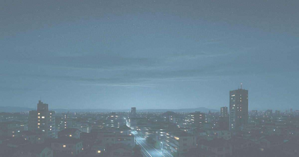 深夜に発生した地震で揺れる都市の光景。暗い空の下、遠くの街明かりが不安に揺らめく。