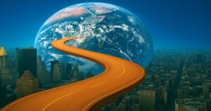 地球に続く未来への道を象徴的に描いた都市と空中の道路の画像