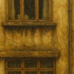 築古ビル「677号」外観を油絵風に描いた作品。くすんだ壁と木枠窓が印象的なノスタルジックな建物。