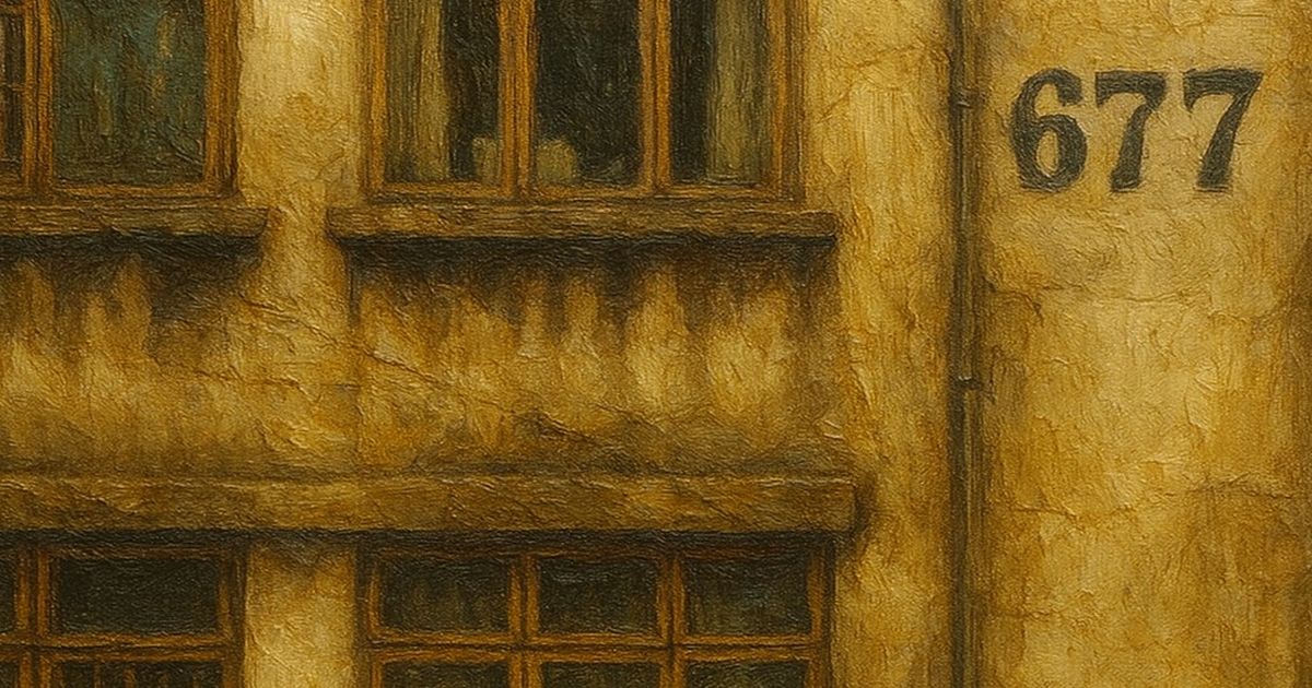 築古ビル「677号」外観を油絵風に描いた作品。くすんだ壁と木枠窓が印象的なノスタルジックな建物。