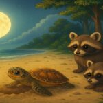 満月の夜、浜辺を目指す子ガメを見つめる3匹のタヌキ
