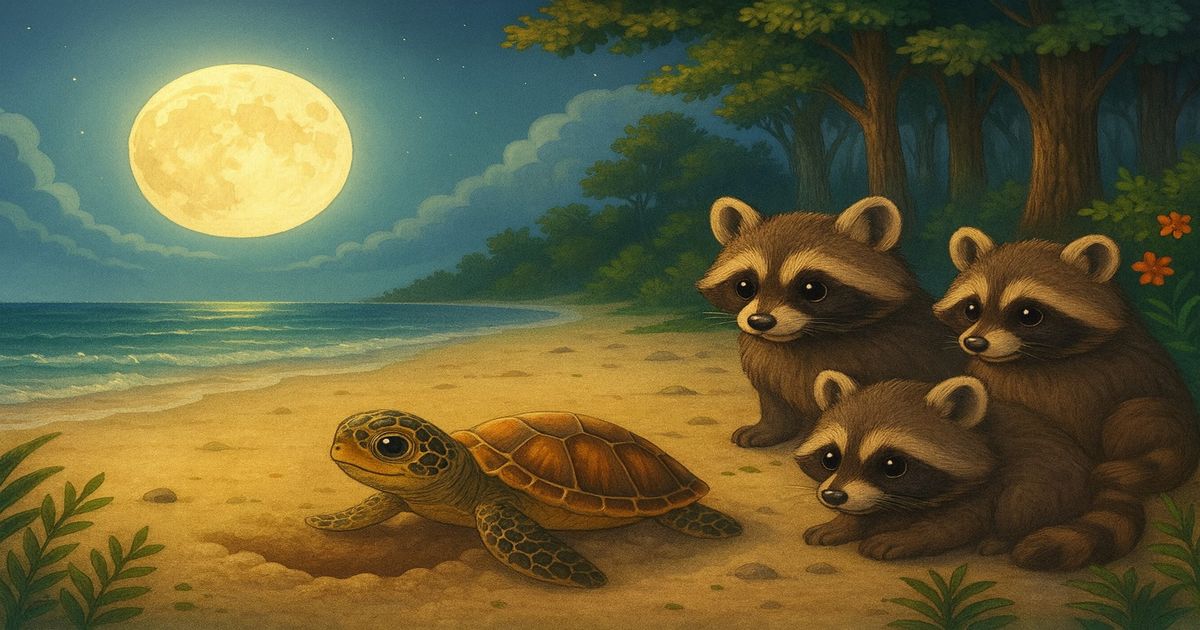満月の夜、浜辺を目指す子ガメを見つめる3匹のタヌキ