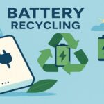 モバイルバッテリーのリサイクルと再資源化を示す環境イラスト。政府がバッテリー回収とレアメタル再利用を推進するイメージ