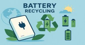モバイルバッテリーのリサイクルと再資源化を示す環境イラスト。政府がバッテリー回収とレアメタル再利用を推進するイメージ