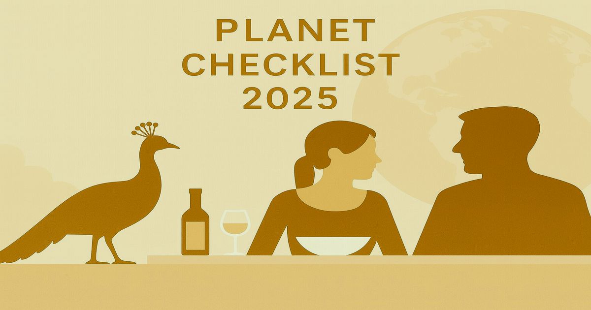 明るいベージュ色の背景に「PLANET CHECKLIST 2025」の文字と、クジャク・男女のシルエットが描かれたイラスト