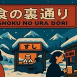 雪山に囲まれた「食の裏通り」で屋台グルメを楽しむ人々のイラスト