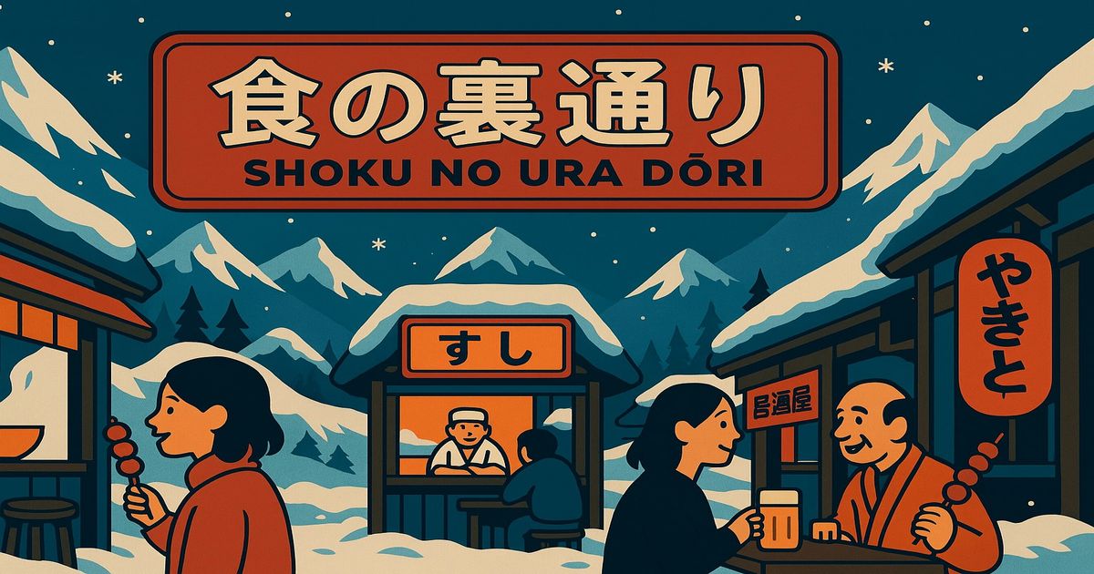 雪山に囲まれた「食の裏通り」で屋台グルメを楽しむ人々のイラスト