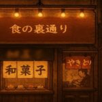 和菓子店と焼き鳥屋が並ぶ夜の裏通り、看板に「食の裏通り」と描かれた温かな街並みのイラスト