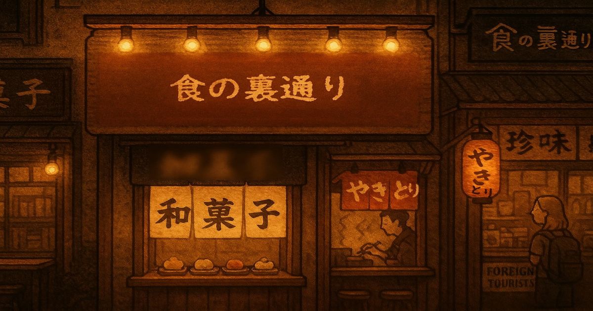 和菓子店と焼き鳥屋が並ぶ夜の裏通り、看板に「食の裏通り」と描かれた温かな街並みのイラスト