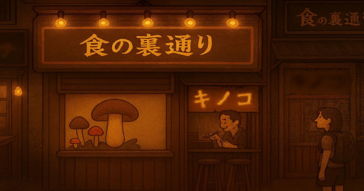 食の裏通りにあるキノコ専門店と外国人観光客向け珍味店の風景イラスト