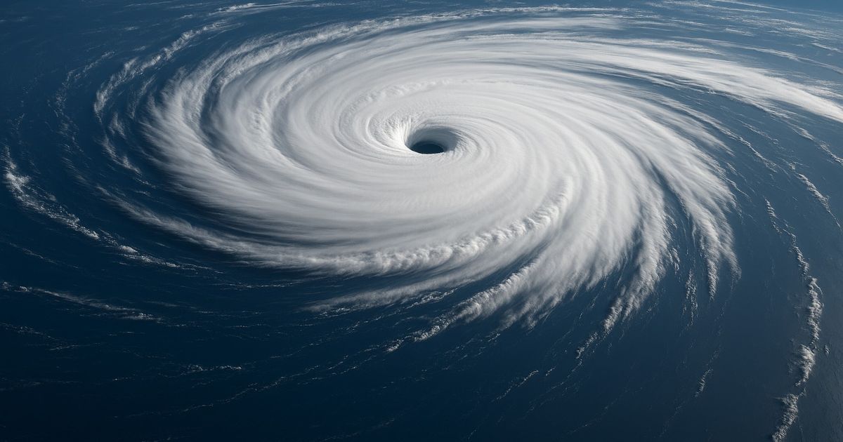 迫力ある巨大台風の衛星写真、渦巻く雲と青い海が印象的