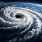 迫力ある巨大台風の衛星写真、渦巻く雲と青い海が印象的