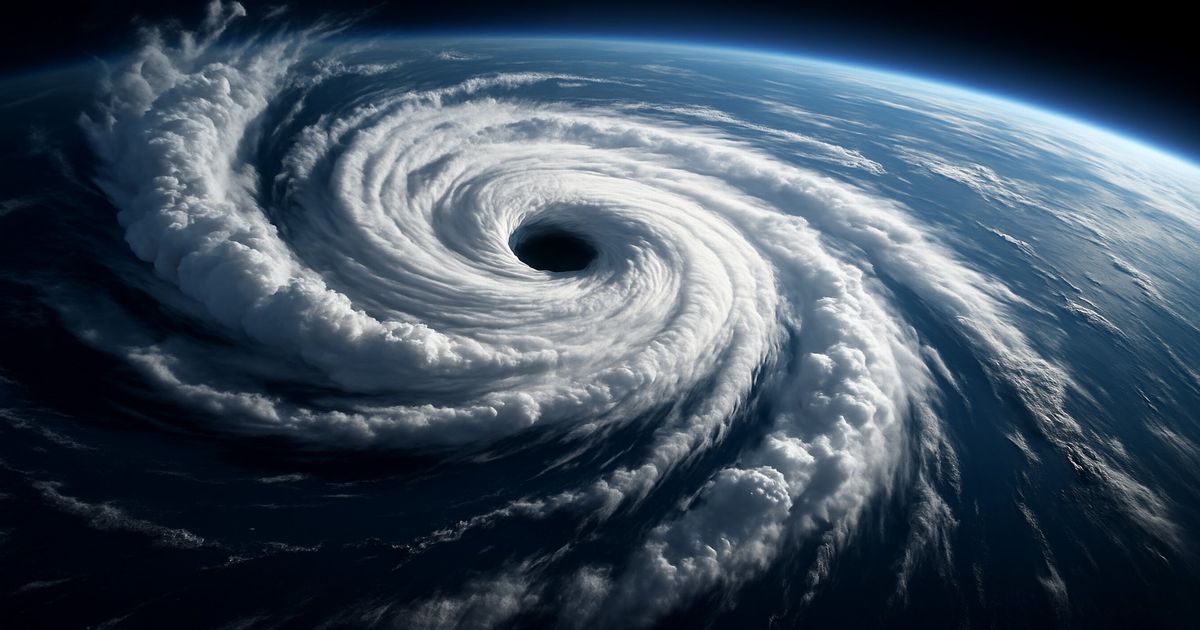 迫力ある巨大台風の衛星写真、渦巻く雲と青い海が印象的