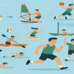 アクティビティを楽しむ人々のイラスト。多様なスポーツが描かれている。