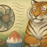 扇風機の風を浴びながらかき氷を楽しむトラ