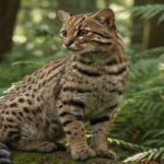 ツシマヤマネコが森の中に佇む様子。小柄で、斑点と縞模様が混在した特徴的な毛皮を持つ希少な野生ネコ。