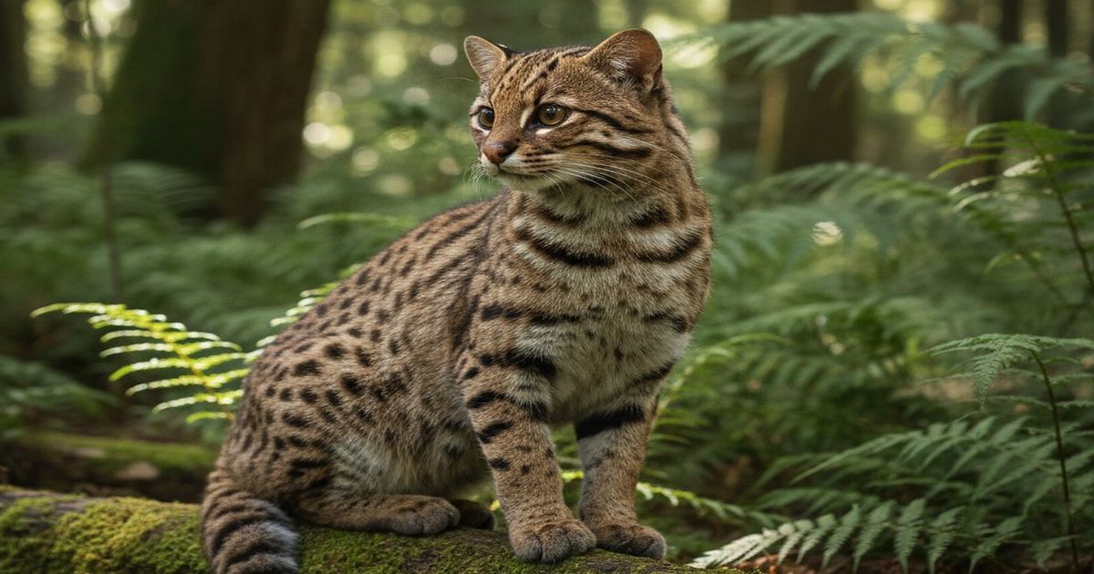 ツシマヤマネコが森の中に佇む様子。小柄で、斑点と縞模様が混在した特徴的な毛皮を持つ希少な野生ネコ。