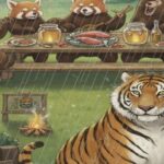 雨の中、広告ビラを持つトラと音楽を楽しむレッサーパンダたち