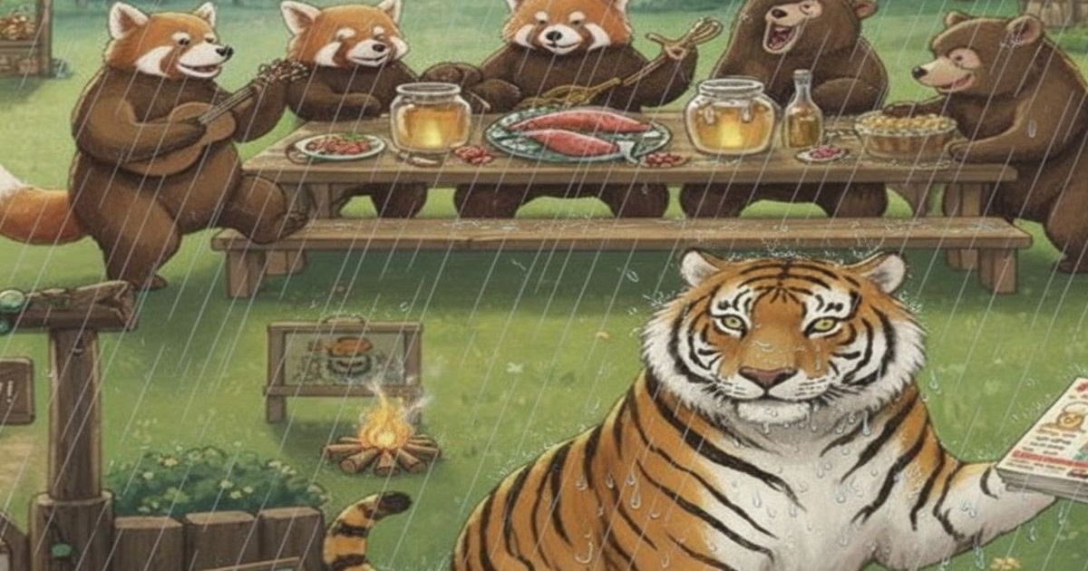 雨の中、広告ビラを持つトラと音楽を楽しむレッサーパンダたち