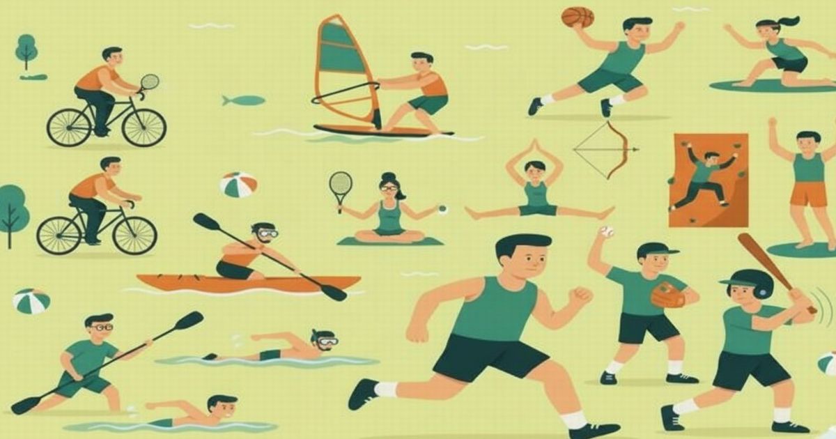 アクティビティを楽しむ人々のイラスト。多様なスポーツが描かれている。