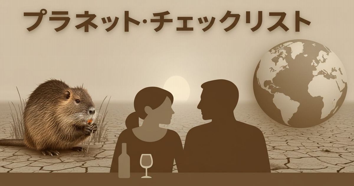セピア色の背景に、ヌートリアと地球、向かい合う男女を描いた環境啓発イラスト