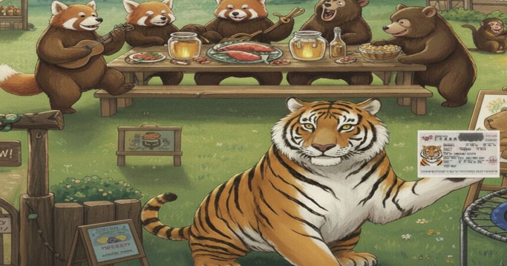 トラが身分証を持って立ち、奥ではレッサーパンダとクマたちがピクニックを楽しんでいるイラスト
