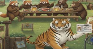 トラが身分証を持って立ち、奥ではレッサーパンダとクマたちがピクニックを楽しんでいるイラスト