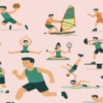 アクティビティを楽しむ人々のイラスト。多様なスポーツが描かれている。