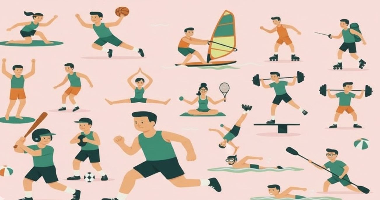 アクティビティを楽しむ人々のイラスト。多様なスポーツが描かれている。