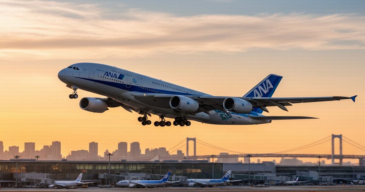 ANAの旅客機が滑走路から離陸する瞬間。夕焼け空と都市のシルエット、遠くにはレインボーブリッジが見える。