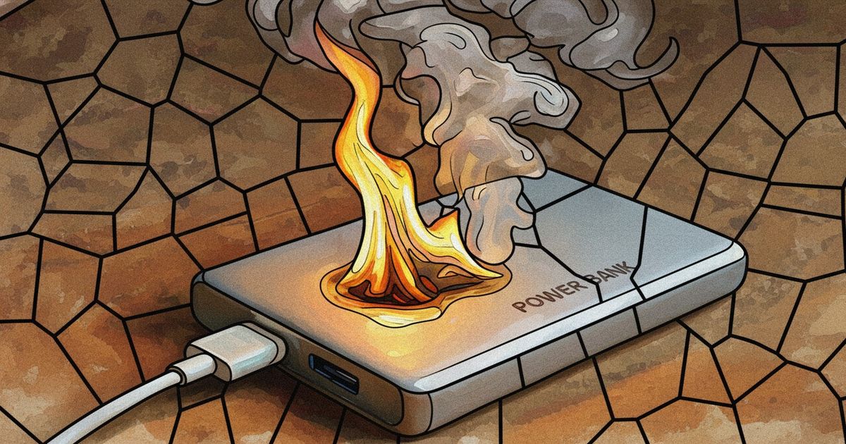 リチウムイオン電池が発火するモバイルバッテリーのイラスト