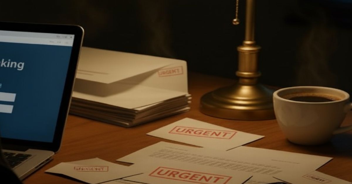 深夜のデスクに置かれた『URGENT』と書かれた書類や封筒、ノートパソコン、温かいコーヒーのカップ。緊急対応を示すビジネスシーン。