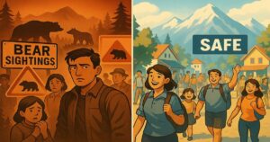 クマ出没で不安な観光客と、安全な山間観光地で安心して歩く家族の対比イラスト。山の安全対策、登山危険情報、旅行者注意喚起。