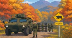 自衛隊車両と隊員が秋の山林でクマ出没警戒と捕獲対策を行う様子