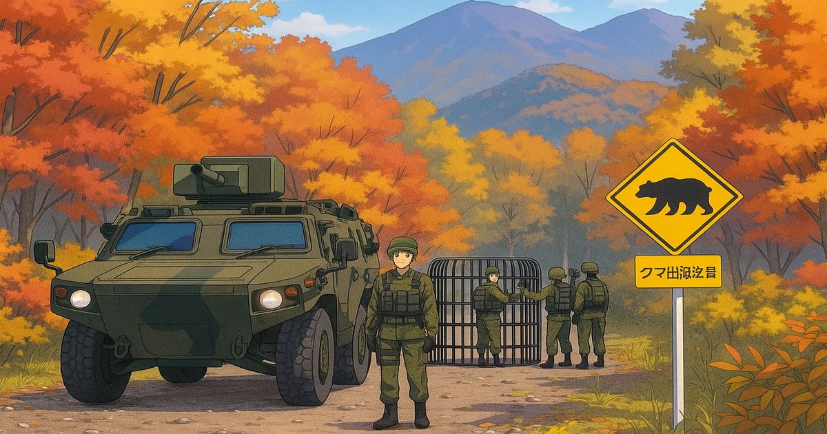自衛隊車両と隊員が秋の山林でクマ出没警戒と捕獲対策を行う様子