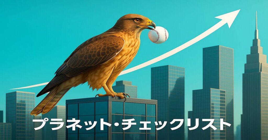 高層ビルの上で野球ボールをくわえた鷹と上昇矢印、成長を象徴するプラネット・チェックリストのイメージ