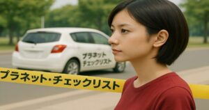 プラネット・チェックリストのテープ越しに道路を見つめる女性と後方の白い車