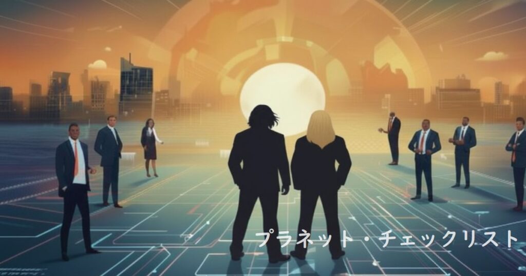 未来の都市を背景にビジネスパーソンが立ち、テクノロジーと社会の変化を見つめるイメージ