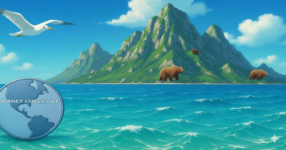 山の島を背景に、海辺に立つクマたちとカモメが描かれた自然風景イラスト