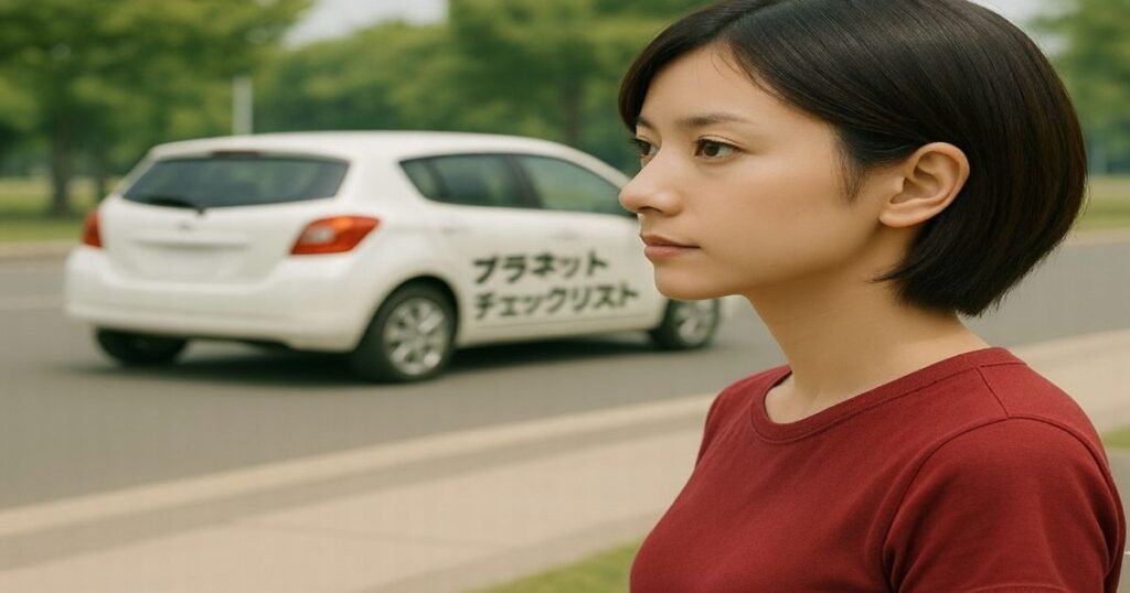 屋外で立つ女性と、後方に「プラネットチェックリスト」と書かれた白い車が見える様子