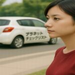 「報道特集」が立花党首逮捕を深掘り 斎藤知事“不作為”批判と誹謗中傷の罪深さに警鐘 屋外で立つ女性と、後方に「プラネットチェックリスト」と書かれた白い車が見える様子