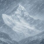 北日本で暴風雨の恐れ・北海道は雨から雪へ急変の最新警戒情報 激しい吹雪に包まれた雪山の風景イラスト。視界が白くかき消されるほどの強い雪と風を描いた作品。