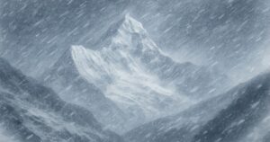 激しい吹雪に包まれた雪山の風景イラスト。視界が白くかき消されるほどの強い雪と風を描いた作品。