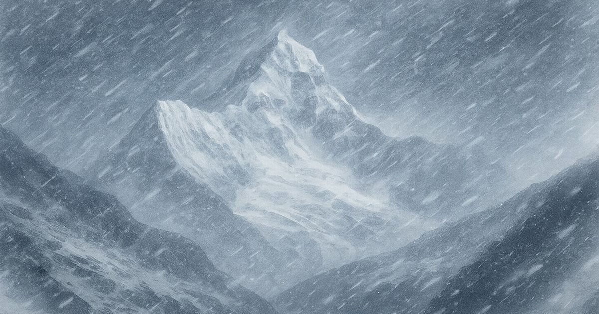 激しい吹雪に包まれた雪山の風景イラスト。視界が白くかき消されるほどの強い雪と風を描いた作品。