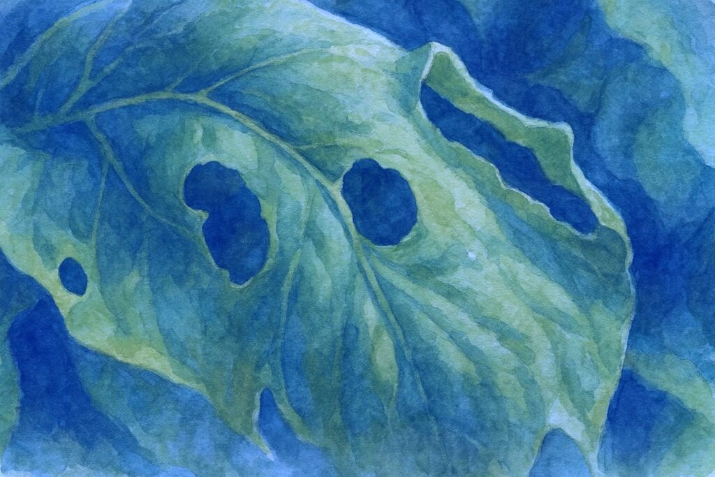 岡山県北で降ったひょうにより穴の開いた白菜の葉を描いた水彩画風イラスト