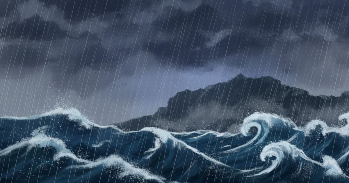 荒れた海で高波が押し寄せる暴風雨の風景、暗い雲と激しい雨が降る中の海岸線