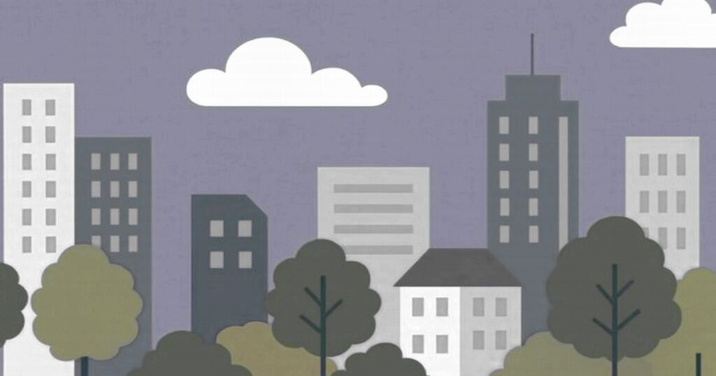 薄い紫色の背景にモノトーン調のビルと樹木が並ぶシンプルな都市イラスト