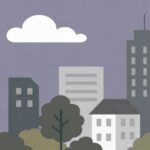 長崎市HOGUSUが破産!鍼灸整骨院の急速破綻の背景 薄い紫色の背景にモノトーン調のビルと樹木が並ぶシンプルな都市イラスト