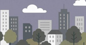 薄い紫色の背景にモノトーン調のビルと樹木が並ぶシンプルな都市イラスト