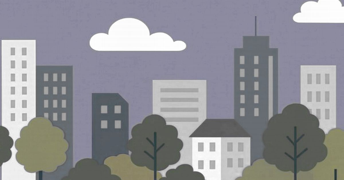 薄い紫色の背景にモノトーン調のビルと樹木が並ぶシンプルな都市イラスト